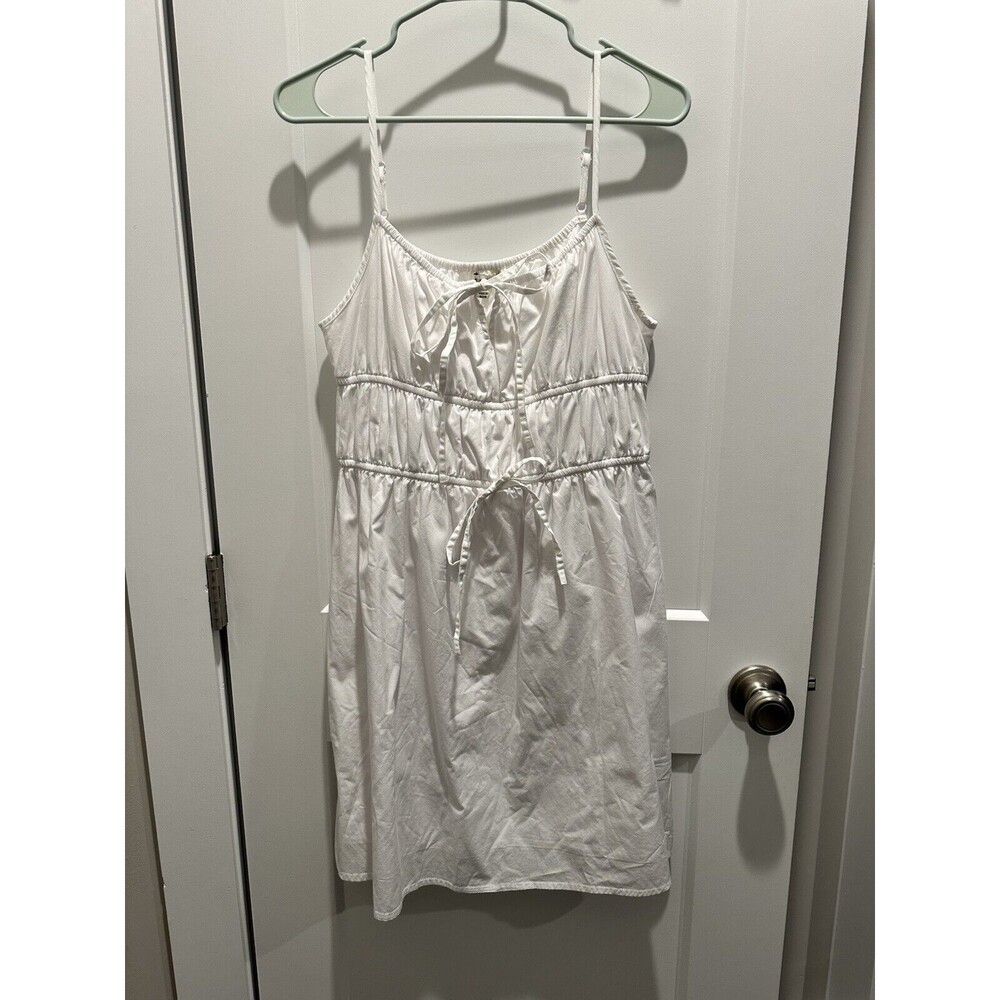 Womenโs Sim & Sam White Knit Sundress Large With Pockets Ruched Tie Beach